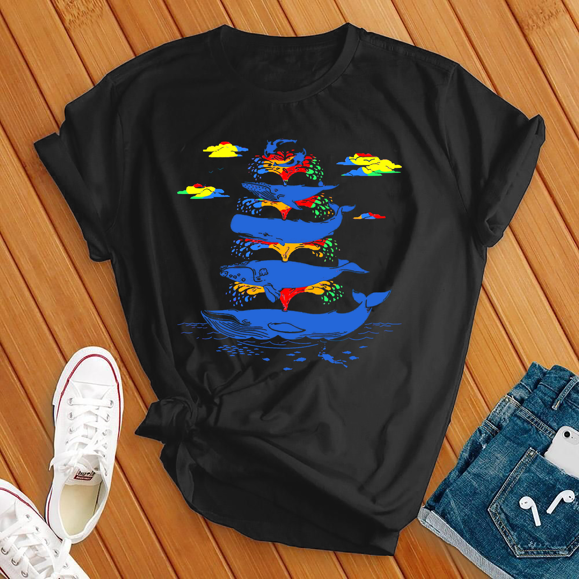 Rainbow Splash Whales Tee