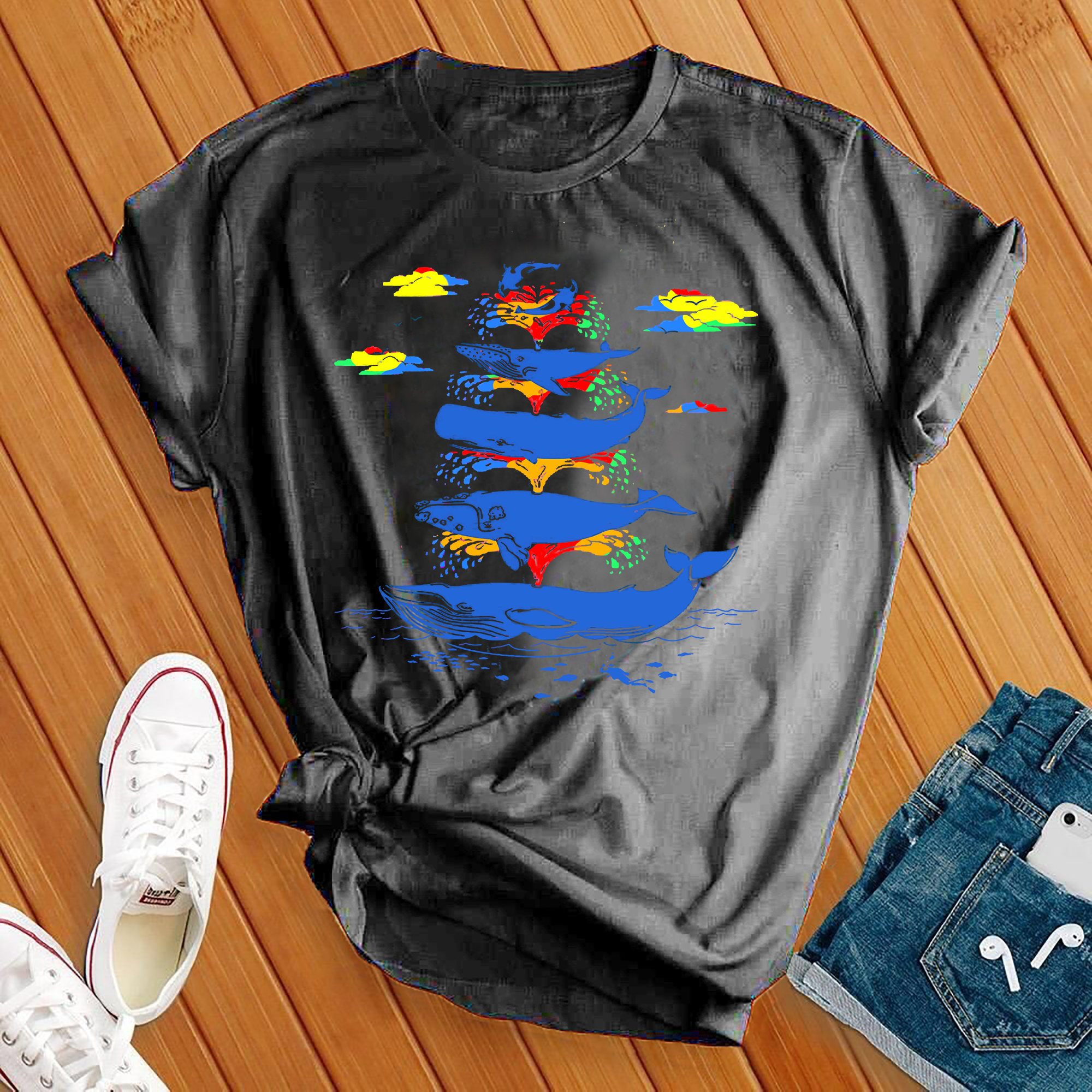 Rainbow Splash Whales Tee