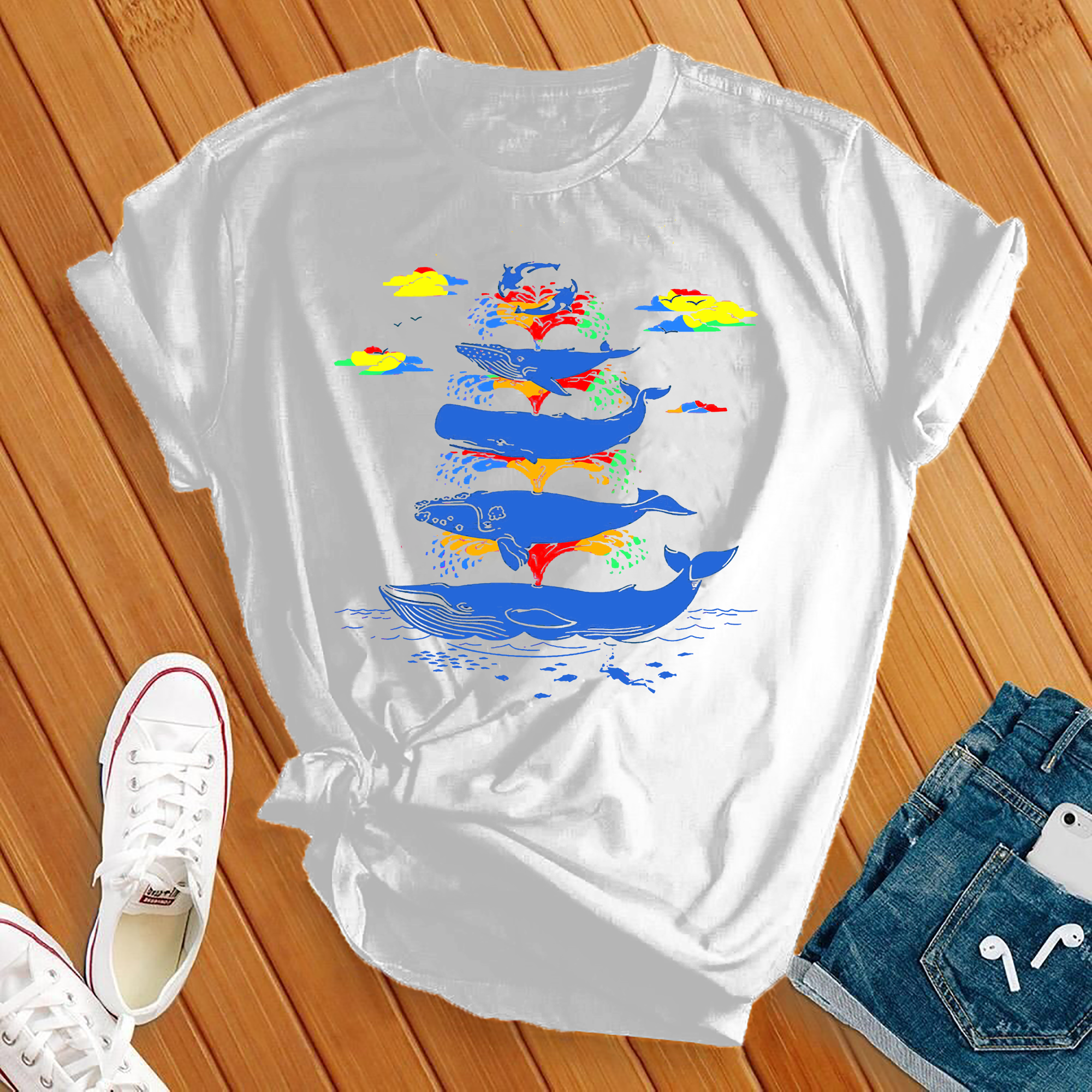 Rainbow Splash Whales Tee